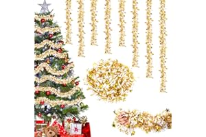 BINGQILING Guirnalda de Oropel Navidad Blanco Dorado- 6Pcs Brillante Espumillón Metálica con Copos de Nieve,Decoracion Arbol de Navidad Adorno,Decoracion Guirnalda Navidad Exterior para Escaleras Chimenea Puerta