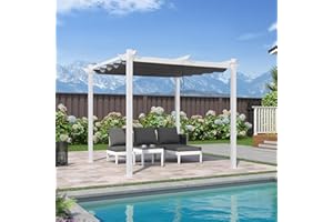 PURPLE LEAF Pergola 3 x 3 m aus Weiß Rahmen, Pavillon Aluminium Pergola Sonnenschutz Überdachung mit Einziehbarem Dach, Terrasse Pergola mit Markisenschutz, UV Beschattung, Grau