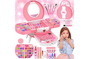 GOLMUD Set di trucchi per bambini con supporto portatile, 66 pezzi, lavabile, per il trucco per bambini, per ragazze, giocattoli, regali di compleanno per ragazze 3, 4, 5, 6, 7, 8, 9, 10 anni