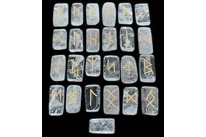FASHIONZAADI Natural Clear Quartz Runes Stones Set with Futhark Runic Alphabet Rectangle Shape Stone Rune Words for Crystal Reiki Healing Meditation Fortune Telling Spiritual Gift Set Size 15-20mm