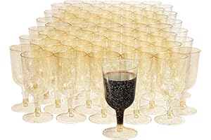 MATANA 100 Elegantes Copas de Vino de Plástico Duro Transparente con Purpurina Dorada (180ml) - Resistentes y Reutilizables - Cumpleaños, Bodas, Navidad, Barbacoas, Fiestas