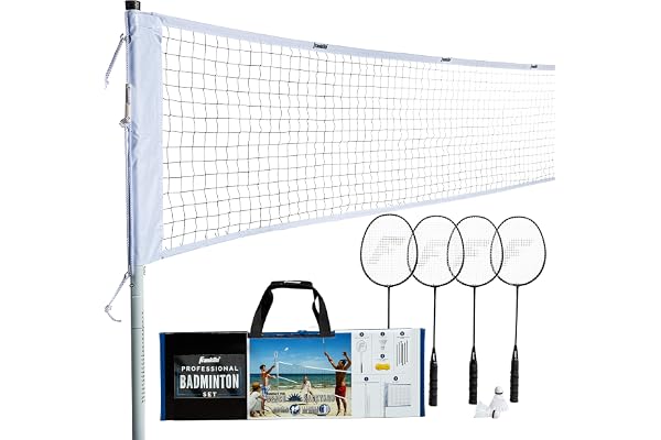 Franklin Sports Ensemble de Filet de Badminton – Jardin extérieur + Filet de Badminton de Plage + équipement – (4) Raquettes + (2) Oiseaux + Filet Portable Inclus – Ensemble Adultes et Enfants