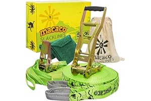 Macaco Slackline Kit 26m Long with training line | Extra long ratchet for More Tension and Bounce | Slack Line for fun stuff with Outside Toys | Forest School Equipment | Circus Skills Equipment