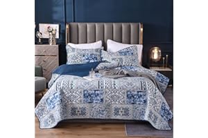 Qucover Pikowane narzuty na łóżko pojedyncze 180 x 220 cm z 1 poszewkami na poduszki, niebieski kwiatowy patchworkowy wzór pikowana narzuta na łóżko lekka bawełniana kołdra zestaw