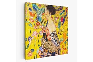 BKstuff Cadre Peinture oeuvre d'art, Reproduction sur toile entoilée Oeuvres de Gustav Klimt (Dame avec ventilateur, Gustav Klimt, 50x50cm)