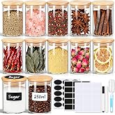 Lot de 12 pots à épices vides en verre avec couvercles en bambou, 250 ml avec étiquettes, petits pots d'assaisonnement hermét