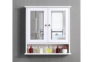 AVC Designs White Bathroom Wall Cabinet with Mirrored Double Doors Storage Cupboard MDF & Shelves