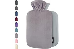 QOMFOR Bolsa de Agua Caliente con Funda - Funda de Vellón Premium Suave - 1.8L Gran Capacidad - Bolsa Agua Caliente para el alivio del dolor de espalda, cuello, hombros y para noches acogedoras - Gris