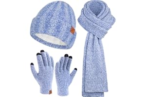 BEQUEMER LADEN Femmes Hiver Chaud Bonnet Gants Tactiles Longue Echarpe Ensemble Tricoter Chapeau avec Doublure Polaire Cadeaux Noel Femme Homme