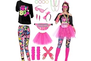 Aragallant 80er Jahre Outfit Damen, Mottoparty 80er Jahre Kostüm, Karneval Kostüm mit T-Shirt, Tutu, Stirnband, Gürteltasche, Ohrring, 80er Neon Party Kostüm für Mädchen