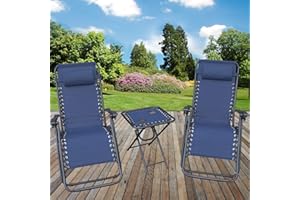 Marko Outdoor Zero Gravity Textoline Sun Lounger Set Steel Frame Reclining Chairs Table Garden (Blue)