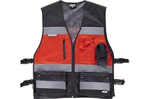 TEAMWORK Work Team Chaleco en Tejido Oxford con ajustes Laterales, Combinado y con Cintas Reflectantes. Escote a Pico y Cierre de Cremallera de Nylon. Un Bolso Hombre Negro+Rojo U