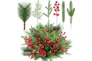 ‎QINZAVE 70PCS künstliche Tannenzweige Weihnachtsgrün - künstliche Tannennadeln Zweige mit roten Beeren Stämme gefälschte Tannenzweige Set für DIY Weihnachtsbaum Kranz Girlande Crafts Holiday Home Decoration