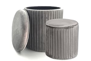 Norbe | TIK TAK | Set di 2 Pouf Contenitore Velluto Cilindro Sgabello a Coste | Poggiapiedi Scrivania | Toeletta Trucco | Poltrona Bimbi Da Camera o Salotto | Poggia piedi Comodino | (Grigio)