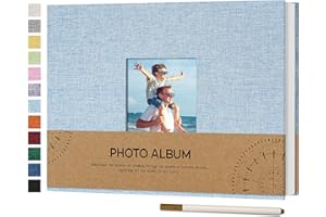Vienrose Album Fotografico Autoadesivo con Finestra di Visualizzazione 10 x 15, Piccolo Album Scrapbook con Copertina in Lino 60 Pagine Bianche con Penna in Metallo, 21,5x30 cm Blu cielo