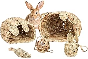 Relaxdays Set Paglia per Conigli, 5 Accessori, 2 Tane, 2 Palline & Carota Giocattolo da Masticare, Roditori, Naturale