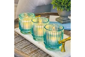 Kate Aspen - Portavelas de Cristal Azul Acanalado Vintage (Juego de 6), decoración de otoño, decoración Bohemia, decoración de Estante