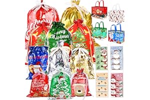 Abitoncc 117 PCS Christmas Bags for Presents Christmas Drawstring Gift Bags+ Christmas Tote Bags Large+ Christmas Cellophane Treat Bags, Christmas Wrapping Bags Xmas Gift Bags