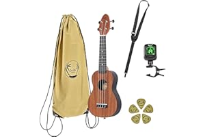 Ortega Guitars Ukulele Soprano acustico - mancino - Keiki K2 - Starter Kit che include Accordatore, Tracolla, 5 Plettri Medium e Borsa con Coulisse - mogano (K2-MAH-L)