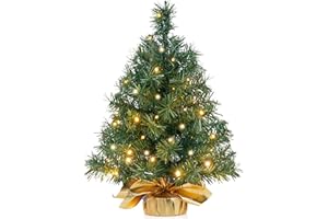 JOIEDOMI Mała choinka stołowa z ciepłymi światłami LED, blat stołu, wstępnie oświetlona, sztuczna choinka, zielone mini drzewko do dekoracji bożonarodzeniowych, wewnątrz, dekoracja bożonarodzeniowa