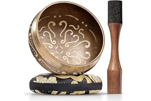 SILENT MIND Ensemble de Bol Chantant Tibétain - Facile à Jouer, Maillet avec deux extrémités et Coussin - Son Magnifique pour les Soins, la Méditation et la Relaxation ~Motif d'amour~ Bol doré avec oreiller noir