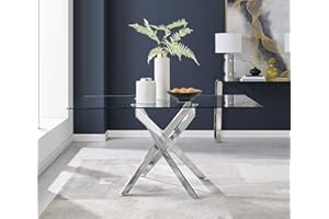 Furniturebox UK Glass Dining Table - Leonardo 6 Seater Silver Chrome Leg Rectangular Tempered Glass & Metal Modern Stylish Dining Table 150cm x 90cm