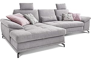‎CAVADORE Cavadore L-Form-Sofa Castiel mit Federkern / Großes Schlafsofa mit Bettfunktion, Sitztiefenverstellung, Kopfstützen und XL-Longchair / 312 x 114 x 173 / Webstoff, Hellgrau