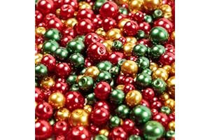 LUSSO LIA Merry Christmas Glass Pearl Beads 410 Pieces Mix of 4mm, 6mm and 8mm Pearl Beads in Red, Green and Gold Colours for Jewellery Making and Arts and Crafts
