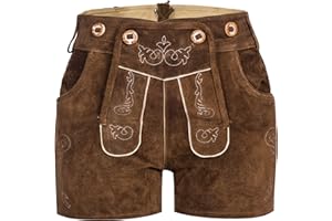 Mufimex Damen Trachten Lederhose Trachtenhose Kurze Ledershorts Hotpants Oktoberfest inkl. Hosenträger, MF2305