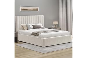 Blisswood Upholstered Ottoman Double Bed Frame 4ft6, Velvet Fabric Bed Frame With Storage, Ottoman Storage Bed With Gas Lift End Opening Wooden Slats, (4ft6 Beige, No Mattress Included)