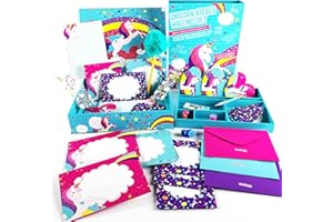 GirlZone Cadeau Fille Coffret Papier à Lettre Licorne pour Filles - Set de Correspondance avec Feuilles, Cartes, Enveloppes, Stylos, Gomme, Autocollants Loisir Créatif pour Enfants