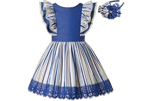 Ju petitpop Ropa Encaje Rayas Azul Verano para Niña Vestidos Vintage Sin Mangas Casual Cumpleaños Pequeños con Tocado