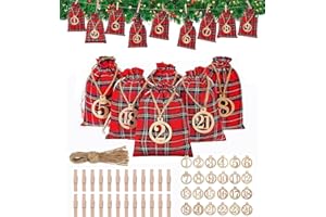 GUIDRE Kalendarz adwentowy do napełniania, woreczki z juty, czerwone, Boże Narodzenie, woreczki na prezenty, 24 sztuki z cyframi, drewniana dekoracja, woreczki materiałowe, kalendarz bożonarodzeniowy, zestaw