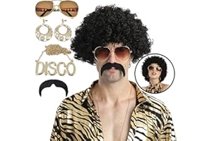 Spooktacular Creations Parrucca di Halloween Hippie Costume Set con parrucca nera Funky Afro, collana, occhiali, orecchini e baffi per feste 50/60/70