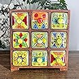 Bohemian Wooden Storage Box with 9 Hand-Painted Ceramic Drawers – Jewelry or Spice Organizer