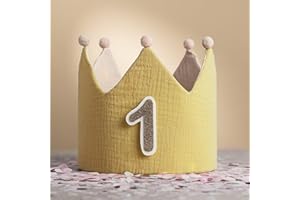LG LITTLE GOODS Little Goods - Geburtstagskrone - wendbare - Musselin Stoff - Krone Kinder Mädchen Junge - Krone inklusive austauschbarer Zahlen - Kindergeburtstag - Pastell - gelb - beige