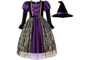 ReliBeauty Costume Vestito Strega Bambina Halloween con Cappello Strega Bambina,3-4 anni