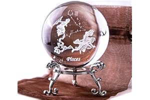 HDCRYSTALGIFTS Fermacarte 3D con sfera di cristallo intagliata con costellazione intera, in vetro, Fengshui con supporto floreale placcato argento (pesci)