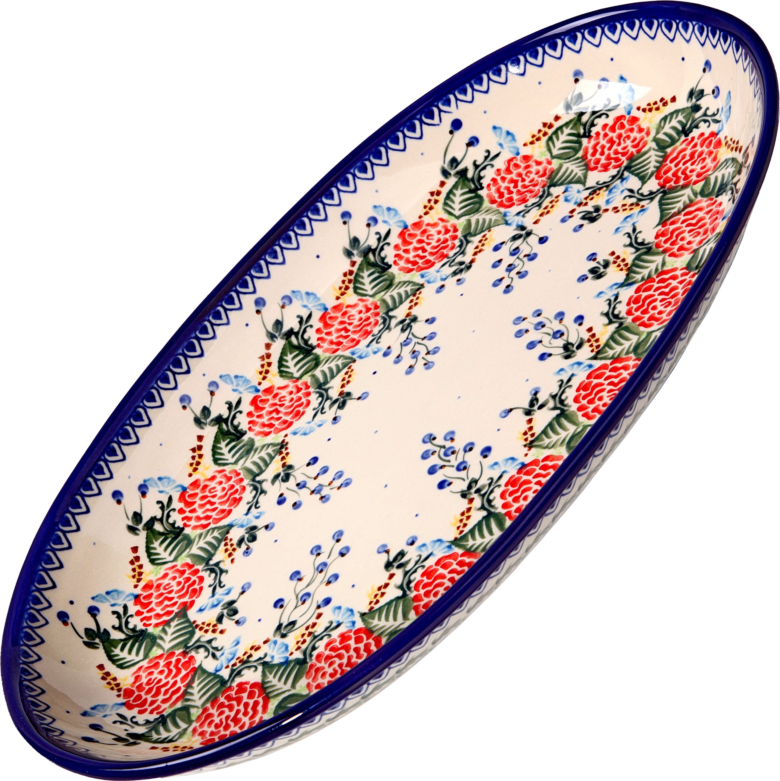Polish-Pottery-Ceramika-Boleslawiec-0704280-Platter-Karp-Dish-Royal-Blue-Patterns-with-Red-Rose-Motif Polish Pottery Ceramika Boleslawiec 0704/280 Platter Karp Dish, Royal Blue Patterns with Red Rose Motif