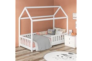 HOMCOM Toddler Bed Kids Single Bed Frame, House-Shaped Solid Pine Wood with Guard Rails for Kids Boys and Girls, White