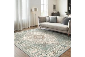 GENIMO Washable Rug 120x170cm - Boho Green Living Room Carpet No Pile | Ethnic Oriental Pattern | Durable Easy Clean | for Bedroom, Balcony, Conservatory, Hallway