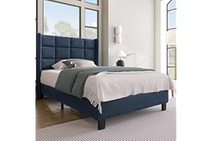 ‎MERAX Merax Polsterbett 90x200 mit Lattenrost Rückenlehne，Hautfreundliche Leinenmaterial, Blau, Bett Einzelbett Jugendbett(Ohne Matratze)