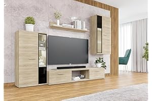 Furnix Mediawand Sarai Schrankwand Wohnwand Wandschrank Wohnzimmer 4-TLG Komplett-Set - TV Lowboard, Vitrine, Hängeregal und Wandregal Freistehend (Gesamt: B240 x H180 x T40,2 cm) Farbe Sonoma