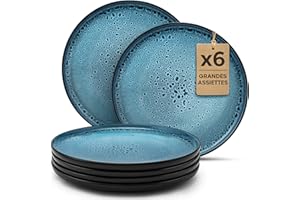 Twinzee 6 Grandes Assiette Azur - Compatible Micro-onde - Assiettes Service de Table Riviera Collection