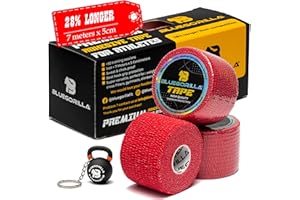 Tape Crossfit, Weightlifting BLUEGORILLA - Tape de 5cm x 7m - Hook Grip - Cinta protectora con agarre ultra adhesivo- Pack de 3 y 6 rollos (Rojo 3) - Regalo llavero