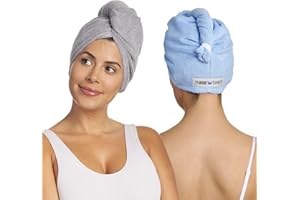 Turbie Twist Microfiber Hair Towel Wrap - for Women, Men & Kids - Travel & Bathroom Essential - Quick Dry Hair Turban for Curly, Long & Thick Hair - 2 Pack (Grey, Blue)