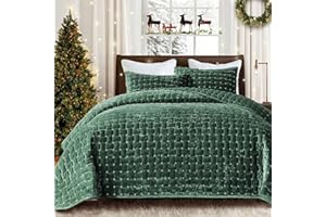 Grassix Luxury Velvet Quilt Set King Size, 3 Pieces Lightweight Velvet Comforter with Pillow Shams, Geometric Quilted Bedspread Coverlet Bedding Set for All Seasons, Dark Green, 108"x96"