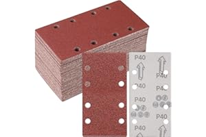 Sruhrak 50 Pezzi Carta Abrasiva, 93x185mm Fogli Levigatrice 40 Grana Sandpaper 8 Fori Carta Vetrata Rettangolari per Levigatrice Orbitali Casuali