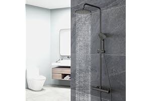 AICA SANITARIOS SL Aica Sanitarios Columna de Ducha Termostática Redonda en Todo Negro Rociador de Mano Ajustable 3 Tipos de Chorro para Baño Alcachofa de Ducha Lluvia con Barra Regulable