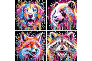 FLAJZ Malen Nach Zahlen Kinder, 4 Stück Malen Nach Zahlen Cartoon Tiere, DIY Handgemalt öLgemäLde Leinwand füR Home Dekor, füR Jungen Und MäDchen Im Alter Von 5–6–7–9–10 Jahren